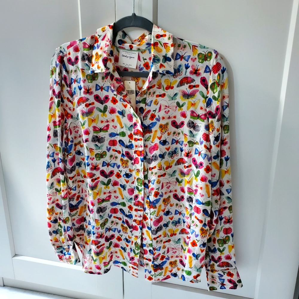 100% Silk Anthropologie blouse, butterfly print, sz 8
